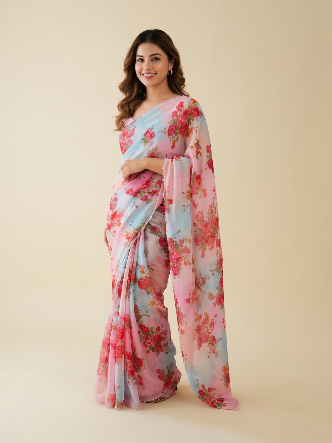 printed saree with outer hand work